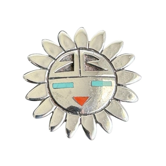 Vintage Sun Face Brooch Turquoise Coral Sterling Silver Zuni Native American - Picture 2 of 8